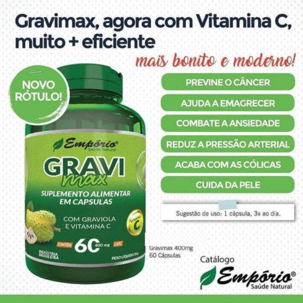 Suplemento Alimentar GRAVIMAX Com Graviola e Vitamina C 400mg 60 cápsulas Empório Saúde (CÓDIGO 36)