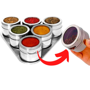 Kit 6 Porta Tempero Porta Condimento Inox Magnético Com Imã Para Geladeira e Suporte (CÓDIGO 47)